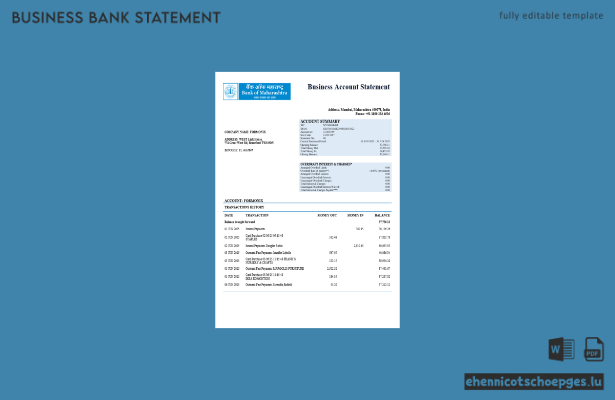 Beispielvorschau eines Kontoauszugs des Geschäftskontos der Bank of Maharashtra (Word und PDF)